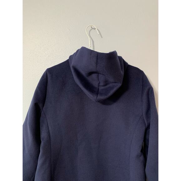 Chico's Hooded Faux Wool Coat Navy Blue With Teal Lining Mid Length Sz 1 (S) - Picture 7 of 16